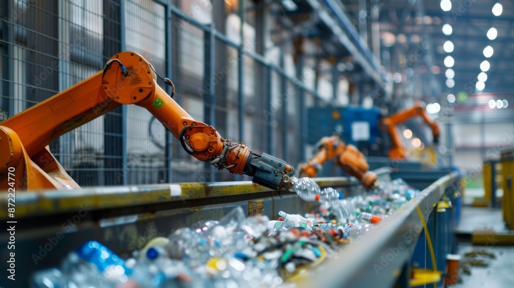 Leinwandbilder A robotic arm sorts through a conveyor belt filled with plastic bottles in a factory setting. The arm appears to be part of a larger automated recycling system.