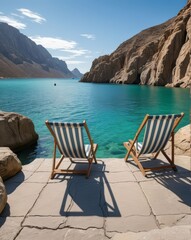Two deck chairs on a small platform in clear, tranquil water, set against a rugged rock backdrop.