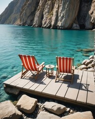 Fototapeta premium Two deck chairs on a small platform in clear, tranquil water, set against a rugged rock backdrop.