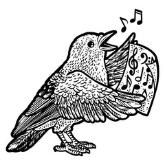 cartoon bird singing song by sheet music notes sketch engraving PNG illustration. T-shirt apparel print design. Scratch board imitation. Black and white hand drawn image.
