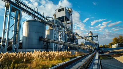 Obraz premium Industrial Complex with Railroad Tracks and Silos