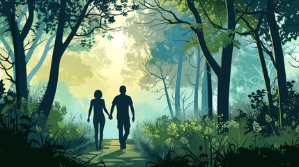 illustration, couple walking in the forest at morning. Healthy lifestyle concept. Outdoor activities. Couple in love walking hiking in nature. wilderness exploration.