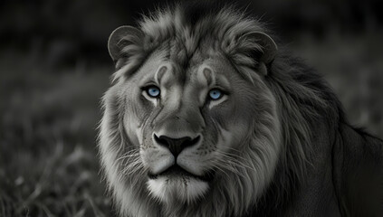 A white lioness looking intensely with her blue eyes in this beautiful close up photo of her face., Generative AI

