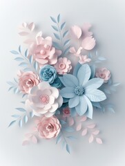 A blue and pink flower arrangement is displayed on a white background