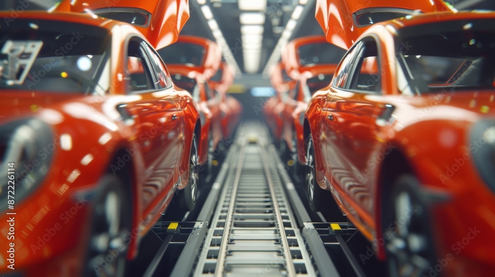 Aufkleber Red cars at different stages of completion on an assembly line in a factory setting. Some have doors open, some closed. Cars moving slowly towards camera.