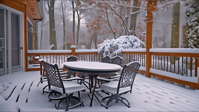 White-snow-covered metal outdoor table and chairs on a wooden deck with a gate and railings at home 