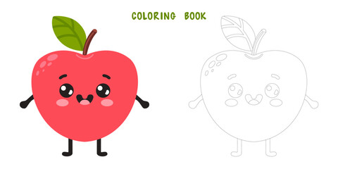Coloring book of groovy cartoon apples. Coloring page of happy cute fruit character, plant with smiling face, funny berry, graphic elements isolated collection. Vector food illustration.