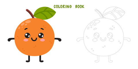 Coloring book of groovy cartoon orange. Coloring page of happy cute fruit character, plant with smiling face, funny berry, graphic elements isolated collection. Vector food illustration.