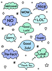 Colourful speech bubble box set with handwritten text. Cartoon style icons. Vector illustration