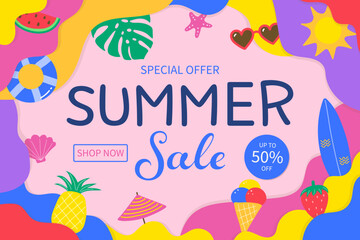 Summer Sale background with colourful icons. Abstract vacation poster or banner. Vector illustration