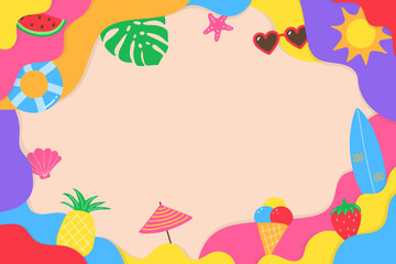 Colourful abstract summer background with icons. Vector illustration