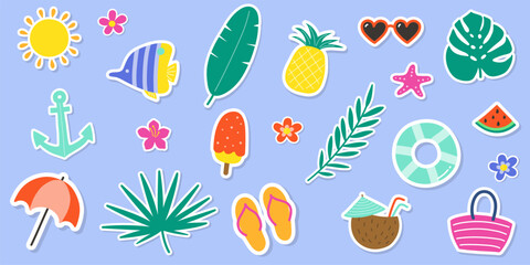 Cartoon hand drawn summer icons. Set with colourful holiday stickers. Vector illustration