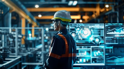 Fototapeta premium A modern web template featuring a stylized engineer in a smart factory