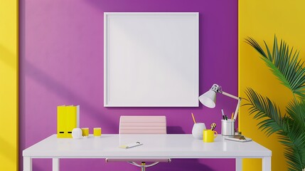 Modern 3D office with a white desk, bright yellow accents, and a blank white frame on a vibrant purple wall.