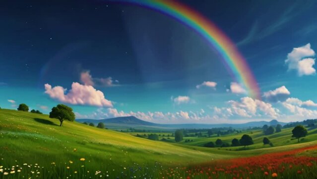 Magical green spring landscape with colorful rainbow. Layers of flowers over the vast meadows under a rainbow on a sunny day. Summer background with blue sky. Sparkling 4k Video fantasy. Frame