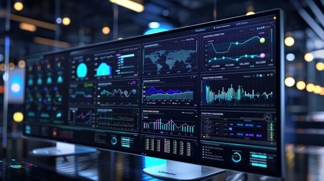 A photograph of a cloud networking dashboard, with detailed analytics