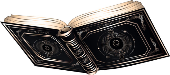 Spell book, magic book of witches with spells in black colour and golden details vector illustration isolated 