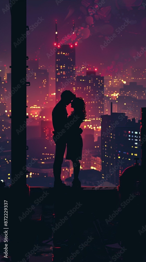 Wall mural passionate silhouette of a couple embracing on a rooftop