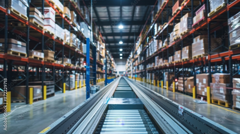 Poster a long conveyor belt system runs down the center of a modern warehouse, surrounded by shelves stacke