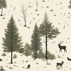 Minimalist cartoon art of wild animals in the forest, with deer and wolves (tile)