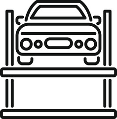 Car lift is holding a vehicle on a platform in a garage