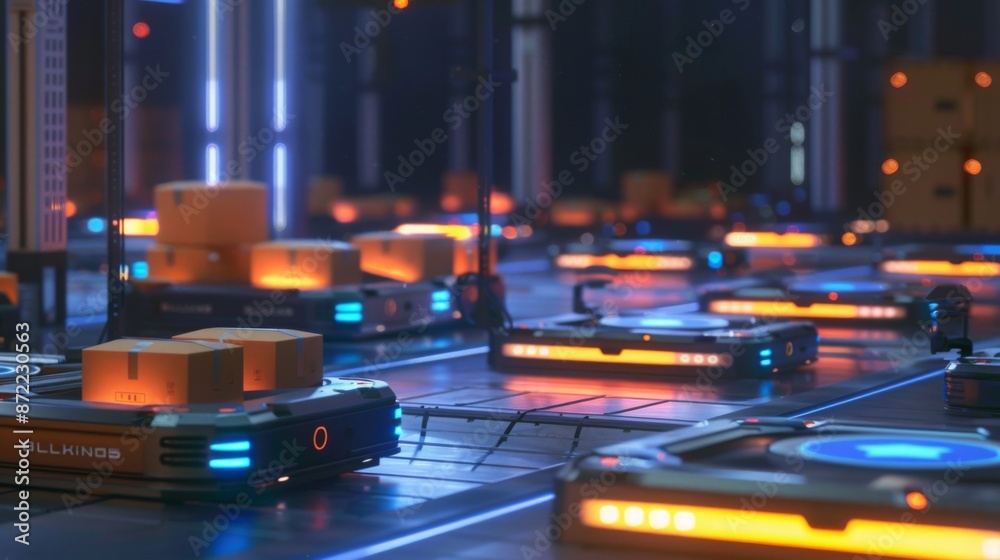 Aufkleber A futuristic warehouse with automated robots transporting packages on conveyor belts. The robots are sleek and modern with blue and orange lights.