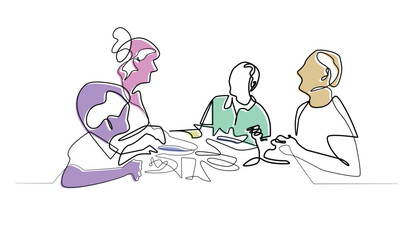 line art drawing of a family eating together.abstract line vector illustration of eating together