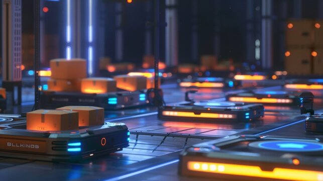 A futuristic warehouse with automated robots transporting packages on conveyor belts. The robots are sleek and modern with blue and orange lights.