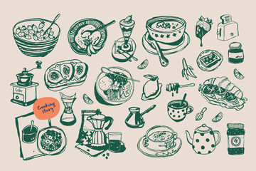 Minimalist hand drawn food and drink vector illustration collection. Art for postcards, branding, logo design, background.	