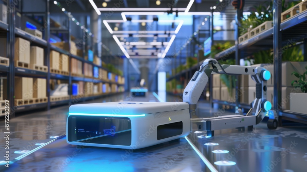 Poster a white autonomous robot navigates a modern warehouse, moving along a designated path between rows o