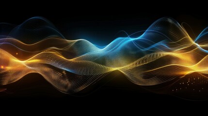 Obraz premium Abstract background with gold and blue glowing neon moving wave lines