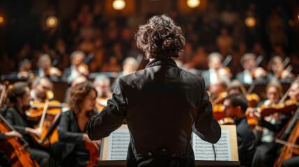 Conductor leading orchestra during a grand symphonic performance