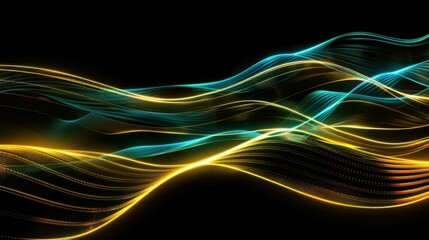 Abstract background with gold and blue glowing neon moving wave lines