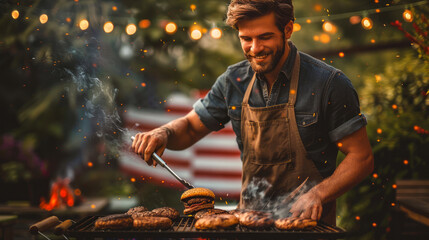 Man grilling burgers and hotdogs at outdoor barbecue party with lights