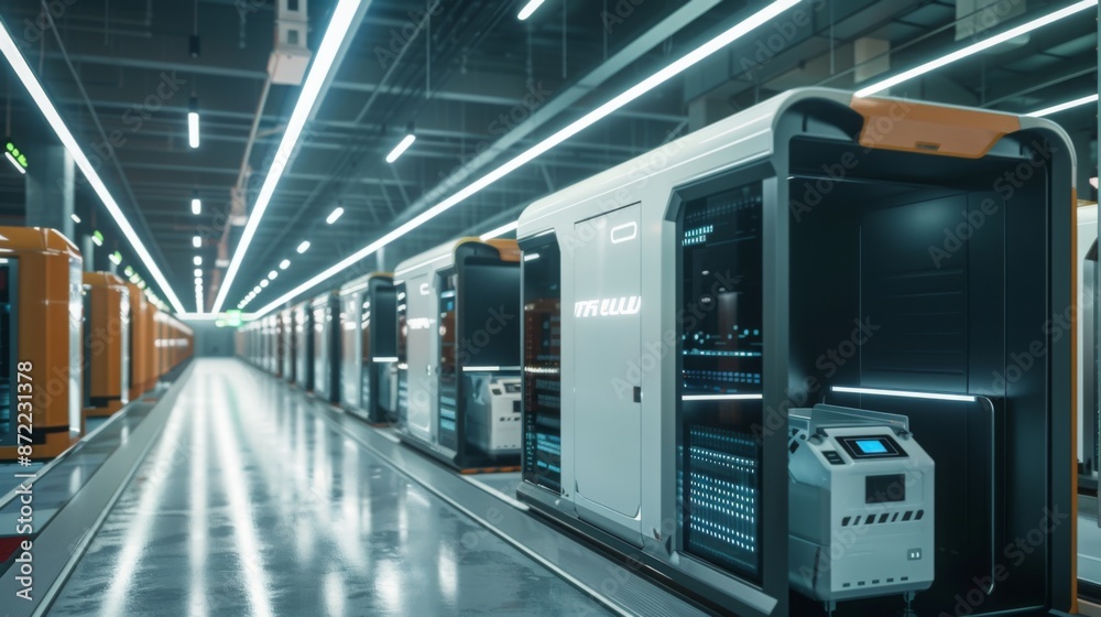 Poster A long, narrow room lined with futuristic data storage units. Each unit has a sleek, metallic design and appears to contain server racks. The room is brightly lit with fluorescent lights.