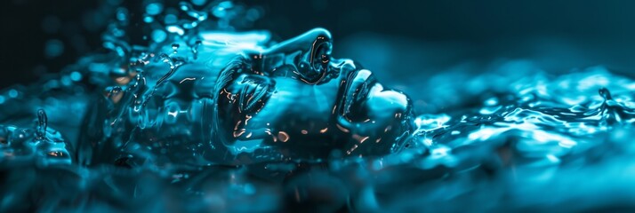 Abstract close-up of a vibrant glossy plastic human sculpture immersed in flowing cyan liquid, under soft amber neon lights on a deep charcoal background
