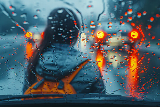 A person with a backpack stands in the rain, seen through a car window with water droplets, amidst blurred traffic lights and a misty atmosphere