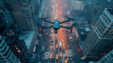Naklejka premium Drone flying over the city, global aerial surveillance.