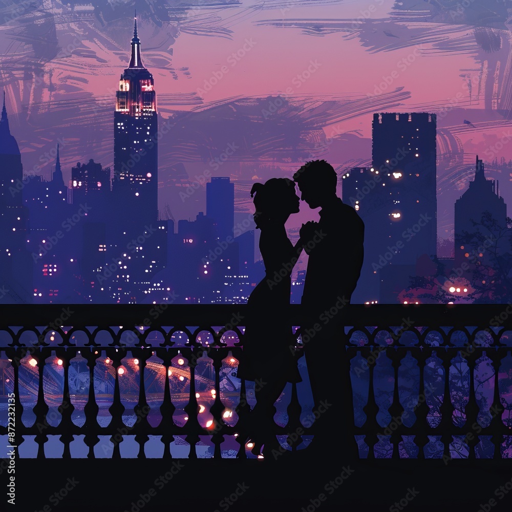 Wall mural romantic silhouette of a couple standing on a bridge