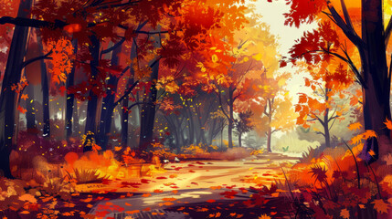 Serene Autumn Forest Pathway with Vibrant Foliage, Dappled Sunlight, and Fallen Leaves Creating a Picturesque Fall Landscape