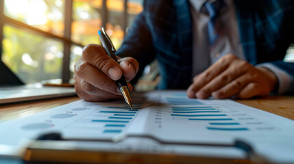 Businessman analyzing financial data on graphs and charts, reviewing business performance, and making strategic decisions in a modern office setting