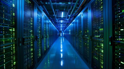 Fototapeta premium A photograph of a sleek, modern data center, rows of servers