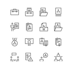 Set of cv and resume self presentation related icons, portfolio, diploma, sketch book and linear variety vectors.	
