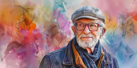 Fototapeta premium Elderly Man with Glasses and Cap Against Colorful Abstract Background