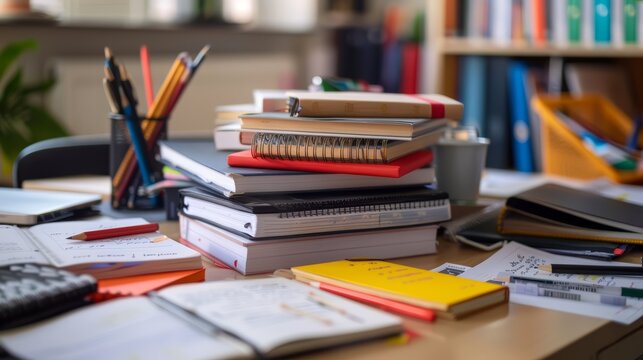 A pile of textbooks and notebooks on a student desk