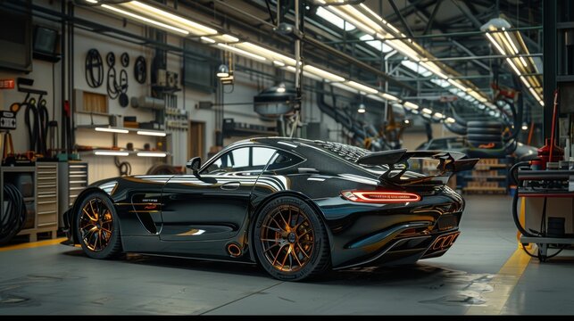 Sleek Black Sports Car in Modern Workshop Generative AI