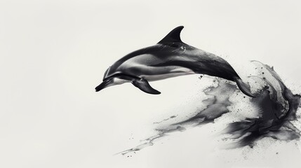 Obraz premium A playful dolphin leaps through a sea of white, its form rendered in smooth black strokes
