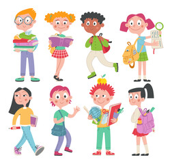 Back to school set of cute schoolchildren. Boys and girls, diversity Childrens school. Vector cartoon doodle