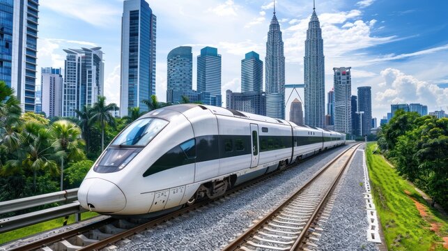 A modern Malaysia MRT (Mass Rapid Transit) train, is a transportation for future generations. Twin Towers background in a cityscape of Kuala Lumpur.