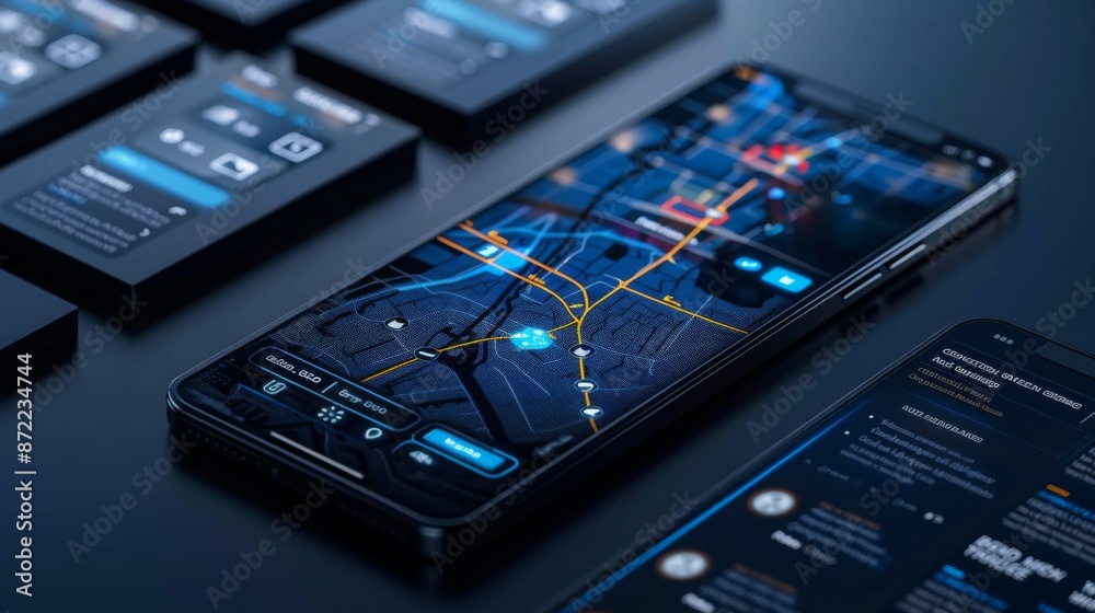 Poster a modern smartphone with a bright blue city map application displayed on the screen. its surrounded 